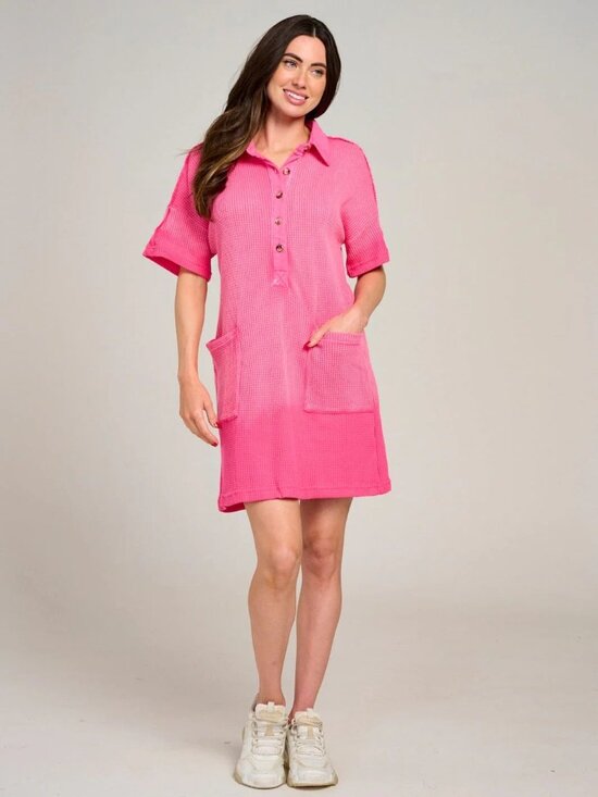 No brand Dresses & Skirts - BIBI Dress XL Pink Washed Fuchsia Waffle Knit Polo Patch Pocket Y2K Minimalist